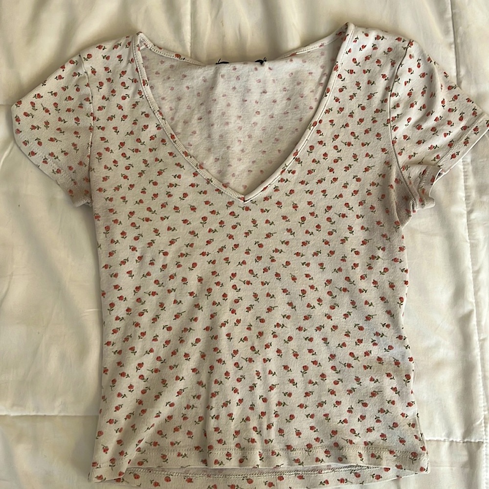 White Floral V Neck Tee